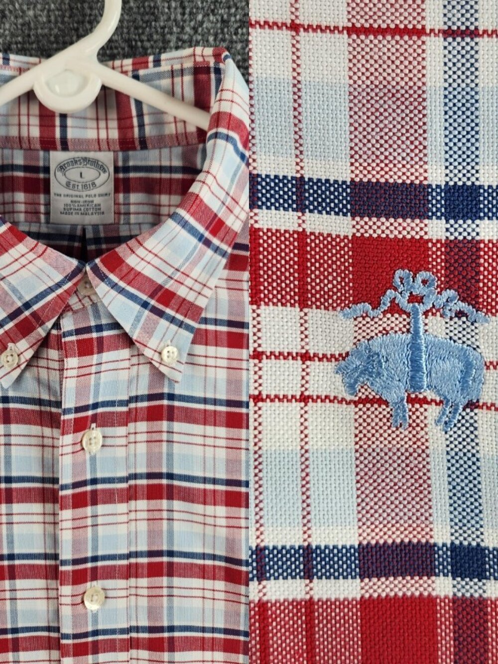 Brooks Brothers Plaid Large Red Blue Logo Button Up Oxford Cloth Supima Cotton